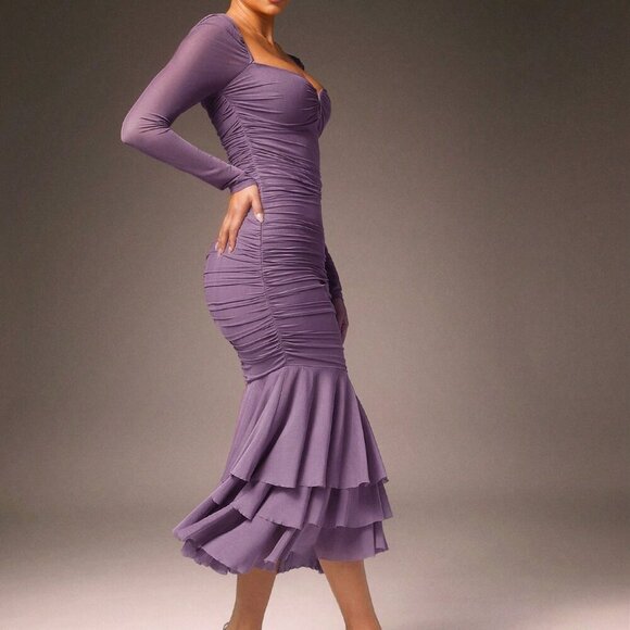 Purple Elegant Women's Mesh Plunge Ruched Fishtail Midi Dress with Ruffles - Picture 5 of 5
